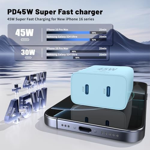 Ultimate Fast Charging Solution for i Phone 16/15 Pro Max – 45 W Dual Port USB-C Charger Block (2-Pack) with Extra Long 60 W Cables – PD Quick Adapter 3.0 for Enhanced Device Compatibility and Speed – Perfect for Home or On-the-Go Charging