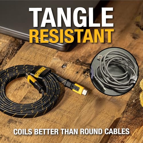 DEWALT Heavy Duty USB C to USB C Fast Charging Cable – 240 W Power Delivery for Rapid Charging, Kevlar Reinforced Design for Ultimate Durability, High-Speed Type-C Compatibility with i Phone 16, Samsung Galaxy, Mac Book, and More – Tangle-Free Flat Cable for Efficient Workspace Organization