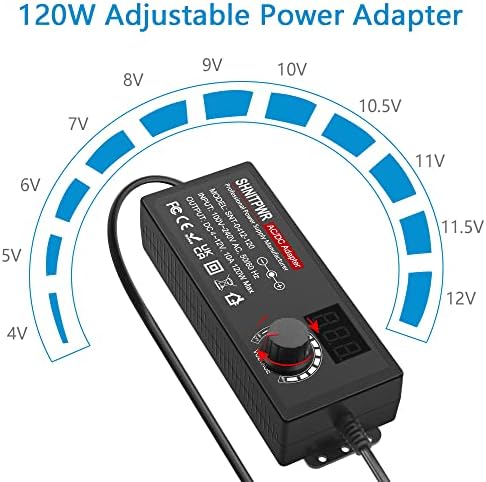 SHNITPWR 120 W Adjustable AC to DC Power Supply – 10 A Universal Voltage Adapter with 14 Interchangeable Tips for Enhanced Device Compatibility (4 V to 12 V) – Optimal Power Solution for Electronics, DIY Projects, and Gadgets