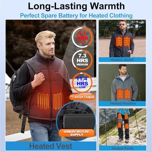 High-Capacity 20000 m Ah Rechargeable Power Bank for Heated Apparel – Versatile 5 V/7.4 V Battery Pack with LED Indicator, Dual DC/USB Outputs for Ultimate Compatibility – Fast Charging Portable Charger for i Phone, i Pad, Samsung, and More – Essential Outdoor Accessory for Winter Comfort