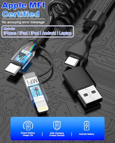 Versatile 4-in-1 Coiled USB C and Lightning Cable for i Phone 15 and 16 – 3 FT Fast Charging Car Charger Cord with 60 W Power Output, Stylish Pink Design, Compatible with Car Play and Android Auto for Ultimate Convenience and Enhanced Connectivity