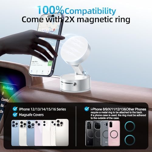FONKEN Vacuum Suction Magnetic Phone Holder, Adjustable Vacuum Car Phone Holder Foldable Vacuum Magnetic Cell Phone Stand Suction Phone Mount for iPhone 16/15/14/13/12/Gym/Shower/Car/Mirror-White – Enhanced Compatibility and Speed