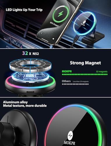 MOKPR 15 W Mag Safe Car Charger & Magnetic Phone Holder – Effortless Fast Wireless Charging with Dynamic LED RGB Lighting for i Phone 15/14/13/12 Series – Stylish Dash & Air Vent Mount for Enhanced Driving Experience and Convenient Accessibility