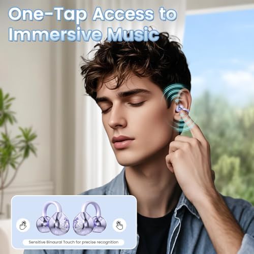 Innovative Clip-On Open Ear Wireless Bluetooth 5.4 Headphones – Perfectly Designed for Small Ears and Glasses Wearers; 60-Hour Battery Life, Superior Noise Cancellation, and Waterproof for Active Lifestyles and Workouts (Vibrant Purple)