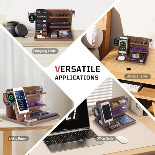 Nightstand Organizer, Wood Phone Docking Station with Adjustable Rack, Bedside Desk Organizer, EDC Tray for Men, Dads, Husbands – Ideal for Anniversaries and Birthdays – Dark Brown – Enhanced Compatibility and Speed