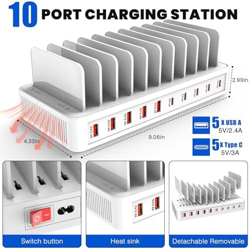 Multi-Device Charging Station with 10 Ports and Smart IC Technology – 100 W Power Dock with Adjustable Dividers and 10 Cables for Efficient Charging of i Phone, Galaxy, i Pad, Tablets – Space-Saving Flat Plug Design for Home and Office Use