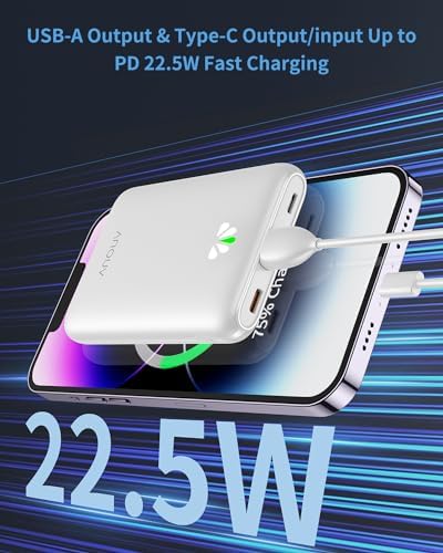 Ultra Slim ANOUV 10,000 m Ah Portable Charger – Fast Charging Power Bank with PD 22.5 W & QC 3.0 for i Phone and Android Devices – Lightweight External Battery for On-the-Go Charging Needs