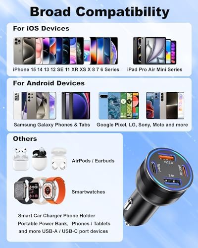 Agtray 65 W 4-Port Fast Charging Car Charger with 6 FT USB C Braided Cable – High-Performance USB C Adapter for i Phone 16, Samsung Galaxy S25, and Pixel 9 – Ultimate Multi-Device Charging Solution for Road Trips and Daily Commutes – Compact, Durable, and Safety-Enhanced Car Accessory