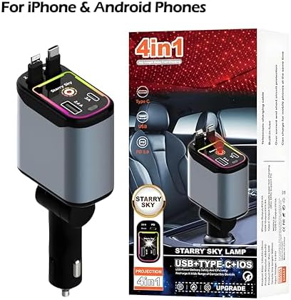 Revolutionize Your Road Trips with the Retractable 4-in-1 Fast Car Charger – Dual Retractable Cords (Type C + i OS) and 2 USB Ports for Multi-Device Power | RGB Starlight Design for Enhanced Aesthetics | High-Speed Charging Compatibility for Android & i Phone Models – Charge Up to 4 Devices Simultaneously