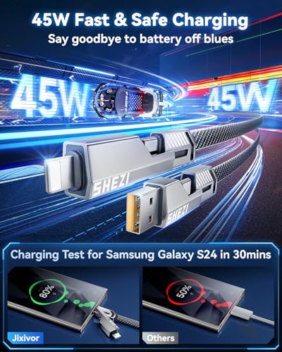 Ultimate 4-in-1 USB C to Lightning Charging Cable – 60 W High-Speed Power & Rapid Data Sync for i Phone, Samsung, i Pad – 10 FT Multi-Device Charger with Car Play & Android Auto Compatibility – Robust, Durable Design for Everyday Use