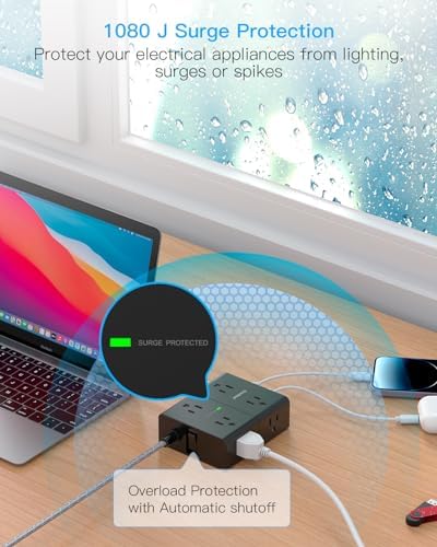 Versatile Surge Protector Power Strip with 8 AC Outlets & 4 USB Ports (2 USB-C), 6 Ft Flat Plug Extension Cord, 1080 Joules Safety Rating, Wall Mountable Charging Station for Home, Office, and Dorm – Streamlined Device Management & Fast Charging Enhanced