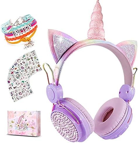 Light Purple Unicorn Cat Ear Bluetooth Headphones for Kids – Safe Listening with Volume Limiting, FM Radio & Dual Connectivity for Fun Learning and Entertainment – Ideal for School, Laptops, and Smartphones