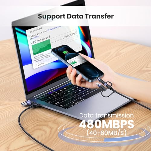 60 W PD USB C Multi-Functional Fast Charging Cable – 5-in-1 Nylon Braided Cord for Universal Compatibility with Laptops, Tablets, and Smartphones (4 FT, Grey) – Rapid Power Delivery with 3 A Fast Sync Technology