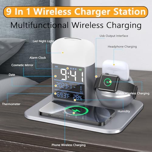 Ultimate 9-in-1 Wireless Charging Station with Integrated Alarm Clock and Night Light – Fast Qi-Certified Docking Solution for Apple Devices with 30 W Ga N Charger and USB Port – Stylish Blue Design for Clutter-Free Bedside Charging