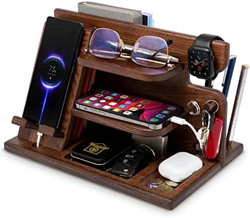 TESLYAR Wood Phone Docking Station for Men – Desktop or Nightstand Organizer – Birthday gifts for Men or Dad – Anniversary Idea from Wife – Key Holders, for Wallet, Watch & Essentials (Chestnut Brown) – Enhanced Compatibility and Speed