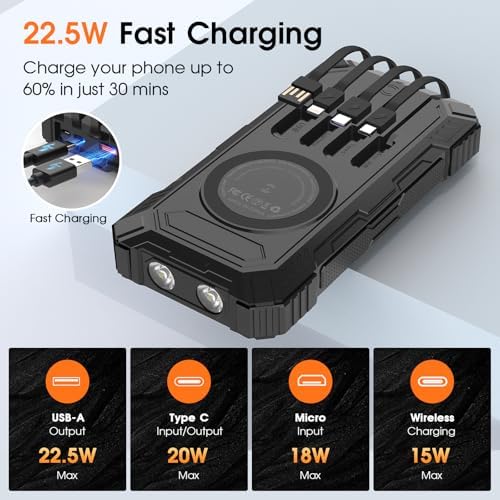 Ultimate 49,800 m Ah Solar Power Bank: Wireless Portable Charger with 4 Integrated Cables, 22.5 W Fast Charging Battery Pack for All Smartphones – Eco-Friendly Outdoor Essential with PD & QC3.0 Technology
