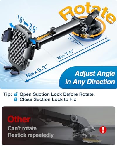 YRU 2025 Military-Grade 360° Rotatable Suction Car Phone Holder – Ultimate Dashboard & Windshield Mount for i Phone 16/15 Pro Max & Samsung – Unmatched 90+ LBS Capacity, Enhanced Compatibility & Easy Installation – Secure, Durable, and Versatile Universal Cradle for Safe Hands-Free Navigation
