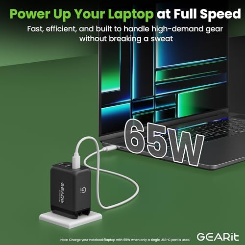 Power Up Your Devices Efficiently with the GEARit 65 W Ga N USB-C Triple-Port Fast Charger – PD 3.0 Wall Adapter for Seamless Charging of Apple, Samsung, Google, and Dell Devices – Compact, Lightweight Design with Superior Safety Features for Fast Multi-Device Power Delivery