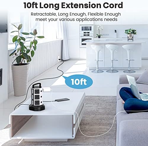 JACKYLED Power Strip Tower Surge Protector with 12 Outlets and 6 USB Ports (2 USB-C) – High-Speed Charging Station with 1050 Joules Protection, 1625 Watts, 6.5 ft Extension Cord for Enhanced Home Office Efficiency and Device Safety