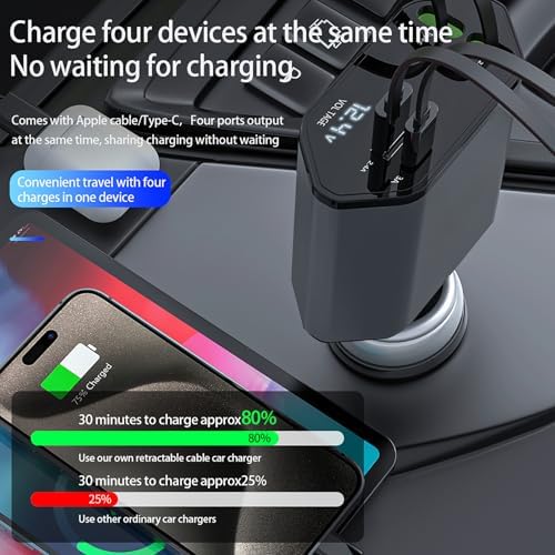 Ultimate Retractable Car Charger with Dual Built-in USB-C & Lightning Cables – PD/QC3.0 Fast Charging for i Phone 16/15, Samsung Galaxy & All 12-24 V Vehicles – Sleek Design, Maximum Portability & Enhanced Device Compatibility for Tech-Savvy Users