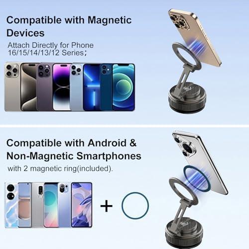 Kairiyard Phone Holders for Your Car, Ultra Vacuum Suction Cup Magnetic Car Phone Holder Mount 360° Adjustable Foldable Cars Phone Stand Compatible with MagSafe iPhone All Smartphones – Enhanced Compatibility and Speed