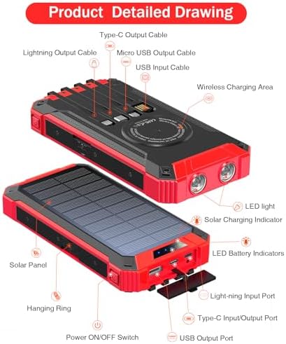 GOODaaa 36,000 m Ah Solar Wireless Power Bank with Built-in 4 Cables, Fast 15 W Charging, 6 Outputs & Dual Flashlights – Ultimate Portable Charger for All Devices with Carabiner for Easy Carrying