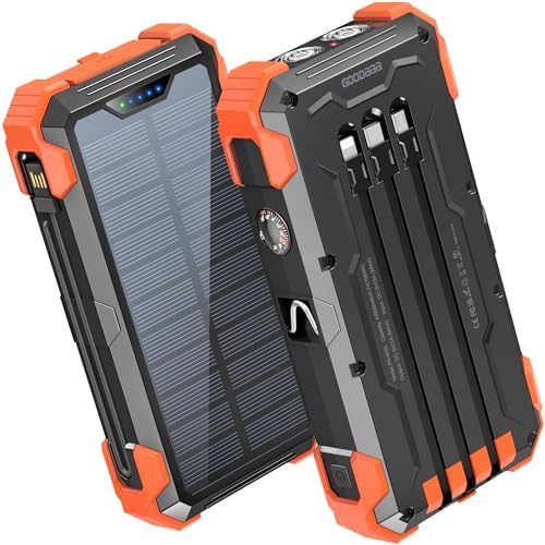 GOODaaa 42800 m Ah Portable Solar Power Bank with Built-in Cables and 15 W Fast Charging – Multi-Device Outdoor Charger with 5 Outputs, 3 Inputs, Emergency Flashlight and Durable Carabiner for Ultimate Convenience and Reliability