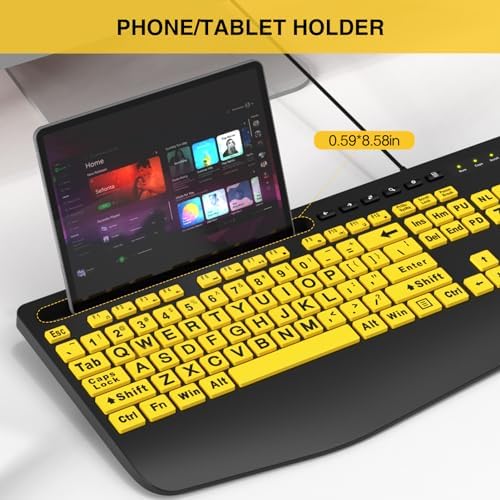 SABLUTE Ergonomic Large Print Wired Keyboard with Wrist Rest & Phone Holder – Perfect for Enhanced Visibility and Comfort in Windows, Desktop & Laptop Use – Eye-Catching Yellow Design for Effortless Typing Experience