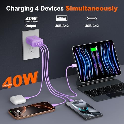 Ultimate 40 W Multiport USB-C Fast Charger – High-Efficiency 4-Port Power Adapter with Quick Charge 3.0 & Power Delivery for Super-Fast Device Charging – Sleek, Portable Design Perfect for Travel – Convenient 2-Pack for Enhanced Versatility and Easy Charging on the Go