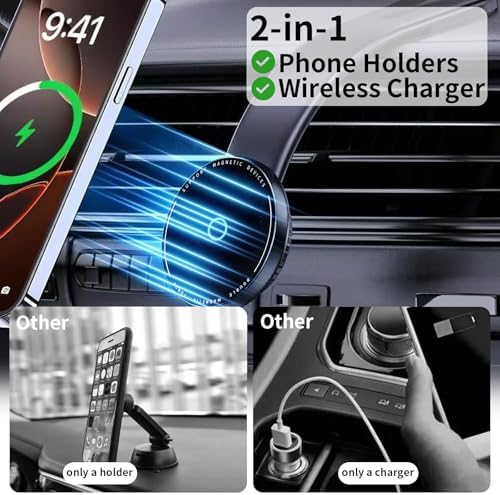 Mag Safe Car Mount Charger – 15 W Fast Wireless Charger with 360° Rotation for Secure Smartphone Holding – Universal Compatibility for i Phone & All Smartphones – Optimal Viewing and Quick Charging for Safe Driving