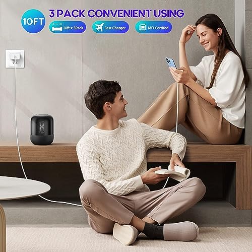 10-Foot Ultra-Fast i Phone Charging Cable 3-Pack with USB-C PD Wall Charger – Exceptional Compatibility for i Phone 14/13/12/11 Pro Max/XS Series – Durable Lightning Cable Solution for On-the-Go Charging Convenience and Rapid Power Delivery