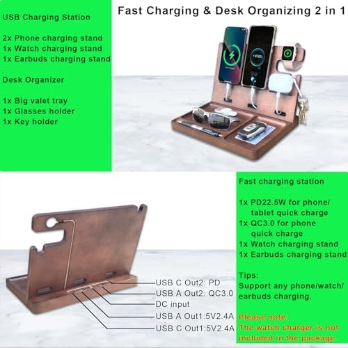 Wooden USB Charging Station for Multiple Devices – Fast Charging Dock with QC3.0 & PD 22.5 W Type-C for i Phone, Samsung, Google Android, Smartwatch, and Earbuds – Perfect Gift for Tech-Savvy Men – Stylish Organization & Enhanced Compatibility