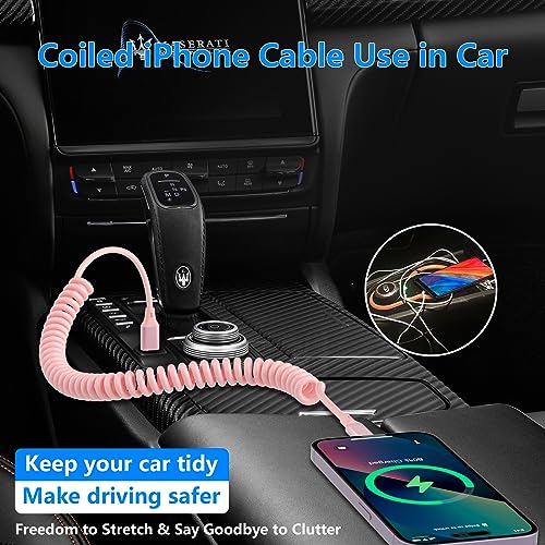 Revolutionize Your Charging Experience with the MFi Certified Pink Coiled i Phone Lightning Cable – 3 FT USB C to Lightning Car Charger for Fast Data Sync and Enhanced Compatibility with i Phone 14, 13, 12, 11 Pro Max, Mini, SE, XS, XR, X, 8, 7, 6, 5 – Tangle-Free and Stylish Accessory for On-the-Go Connectivity