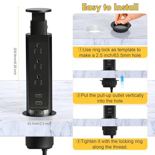 Elevate Your Charging Station with the Kungfuking Retractable Pop Up Outlet Socket – Versatile Power Hub Featuring 3 US Plugs & 2 USB Ports for Kitchen Counters, Conference Rooms, and Office Spaces, Sleek Black Design for Modern Aesthetics, Efficient Charging & Clutter-Free Organization