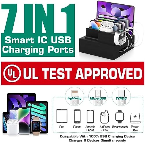 Sustainable Bamboo USB Charging Hub with 7 Ports – Elegant Multi-Device Organizer for Smartphones, Tablets, Smartwatches, and Earbuds – Fast Charging Solution with Dedicated Holders for Tidy Power Management and Stylish Home Décor