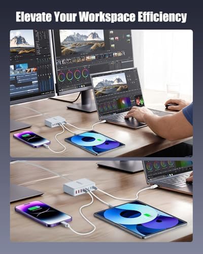 Powerful 440 W Ga N III USB-C Charging Hub with 8 Ports – Fast Multi-Device Charger for Mac Book Pro, i Phone 16/15, Samsung Galaxy & Dell – Versatile Charging Station with 5 ft Extension Cord for Ultimate Convenience and Efficiency