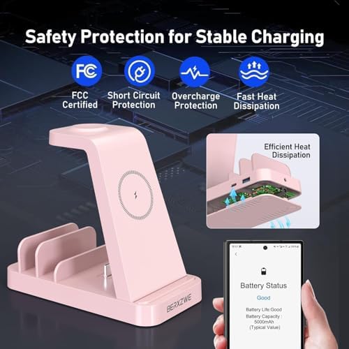 Sleek Pink 5-in-1 Wireless Charging Station for Samsung Devices – Fast Charge Your Galaxy Watch Ultra 7 6 5 4 3, Galaxy S25 S24 Ultra S23 S22 S21, Note 20 10, Z Fold & Buds – Ultimate Convenience and Style for Home or Office Use