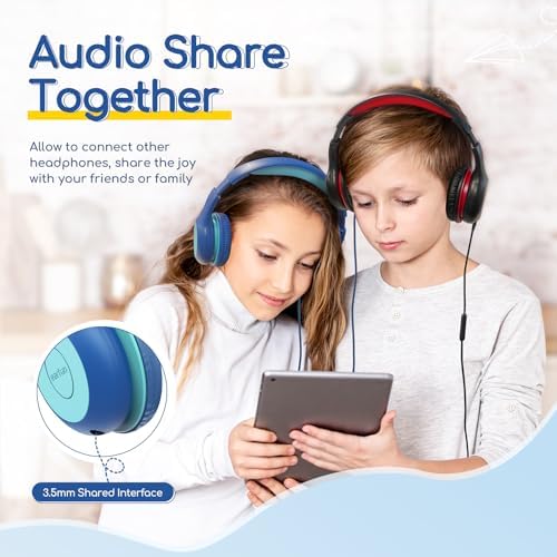 Kid-Friendly Foldable Wired Headphones with Microphone – Volume Limiting Safety (85/94 d B) for Hearing Protection, Share Port for Collaborative Audio, Ideal for Tablets, PCs, and School Use – Enhanced Type C Compatibility for Optimal Sound Quality and Comfort