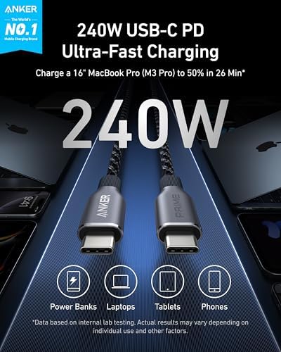 Anker Prime 240 W Eco-Friendly USB-C to USB-C Fast Charging Cable – Premium Upcycled-Braided Nylon, 100-Year Durability, 3 ft for Seamless Compatibility with i Phone 16, Mac Book, Galaxy S24 & More – Ultimate Power Solution for Modern Devices