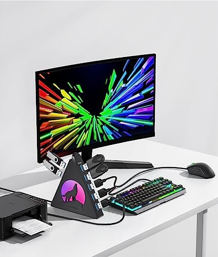 Elevate Your Connectivity Game with the Joy Reken 7-Port USB 3.0 Hub – High-Speed Data Transfer, Vertical Design with RGB Lighting, Ideal for PC, Mac, Laptop, PS5, Xbox, and More – 5 Gbps Performance with 2 FT Extension Cable for Optimal Placement and Style