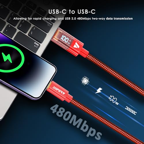 SUPERV 6.6 ft Type C Fast Charging Cable – Premium Nylon Braided USB C Charger with 100 W Power Delivery, High-Speed 480 Mbps Data Transfer, and LED Charging Status Indicator – Ideal for Laptops, Smartphones, and Tablets
