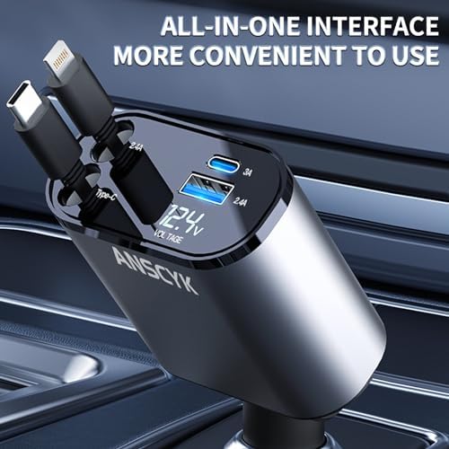 Compact 4-in-1 Retractable Car Charger by ANSCYK – 60 W Fast Charging with Lightning & USB-C Cables for i Phone, Galaxy, Pixel – Sleek Design & Enhanced Compatibility for Effortless On-the-Go Power Solutions