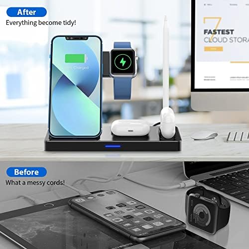 Ultimate WAITIEE 5-in-1 Wireless Charging Station for Apple Devices – Rapid Charge Dock for i Phone 13/12/11, All Apple Watch Models, Air Pods, and Apple Pencil – Elegant Black Finish with Enhanced Safety Features for Streamlined Charging Efficiency