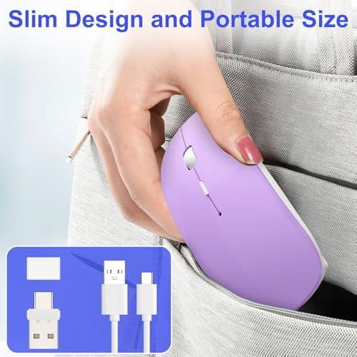 Versatile Wireless Bluetooth Mouse for Mac Book Air, Mac Pro, & i Pad – Sleek Rechargeable Silent Mouse with Dual Connectivity (USB-C & 2.4 G) – Travel-Friendly Jiggler Mice Mover in Stylish Purple – Perfect for Professionals & On-the-Go Users