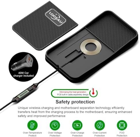 LOOSAU 15 W Fast Wireless Car Charger Pad – Non-Slip Charging Solution for i Phone 16/15/14/13/12 Pro Max & Samsung S23/S22/S20 – Effortless Universal Compatibility & Enhanced Safety Features for Seamless On-the-Go Power