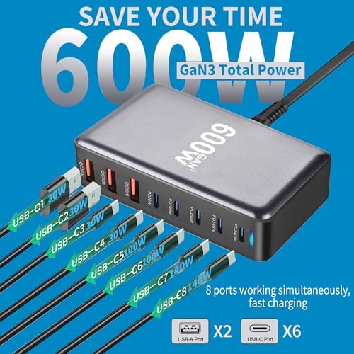 Power Up Efficiently: 600 W USB-C Multi-Device Fast Charging Station with 8 Ports – Ga N III Technology for Rapid Output, 140 W PD3.0 & PPS Compatibility with Mac Book Pro/Air, i Pad, i Phone 16/15/14/13 – Ideal for Home, Office & Travel