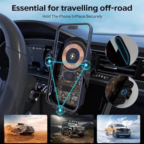 Experience Effortless Charging with the Auto-Clamping Wireless Car Charger and Phone Holder – 15 W Qi Fast Charging for i Phones and Galaxy Devices, Perfect for Navigation and Hands-Free Use – Sleek Design and Enhanced Compatibility for All Smartphones