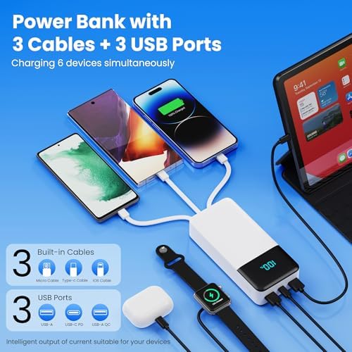 High-Capacity 50800 m Ah Portable Power Bank with 3 Built-In Cables, 25 W PD & QC4.0 Fast Charging – Universal Charging Solution for i Phone 16/15/14/13, Android Devices & More – Smart LCD Display, 6 Outputs & 2 Inputs, Enhanced Safety Features for On-the-Go Power Needs