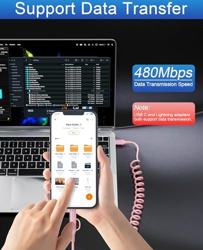 Stylish 2-in-1 Coiled Pink USB-C & Lightning Car Charger – Rapid Charging for i Phone 16/15/14 & Android Devices, Compact Design for Seamless Travel with Apple Car Play & Android Auto Compatibility, Perfect for On-the-Go Power Needs