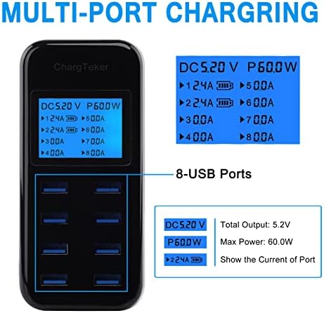 Efficient 60 W 8-Port USB Charging Hub with LCD Display – Rapid Multi-Device Charging Station for i Phone 14/14 Pro/13 Pro Max, Galaxy, i Pad & More – Smart Power Management for Home and Office Use